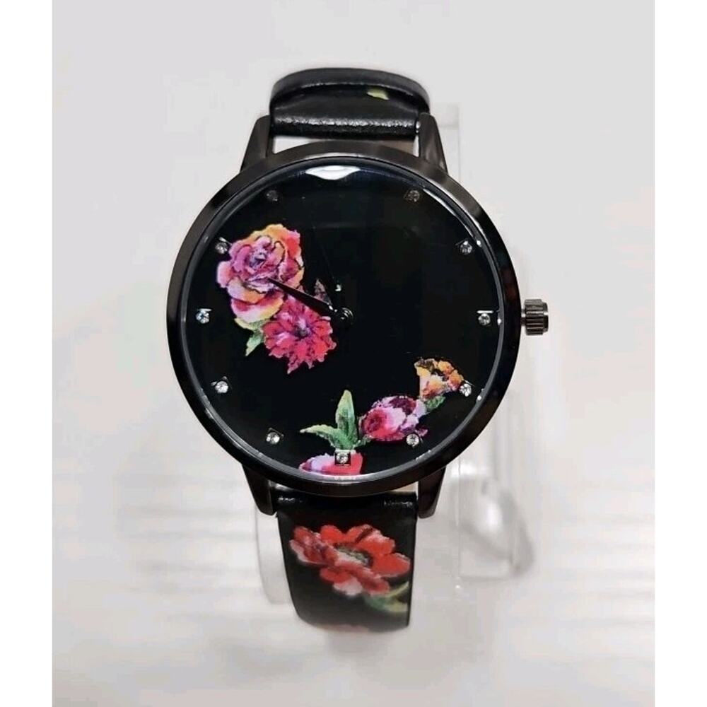 Rose Motif Floral Face & Band Women's Jeweled Watch Black 38mm New Battery W152